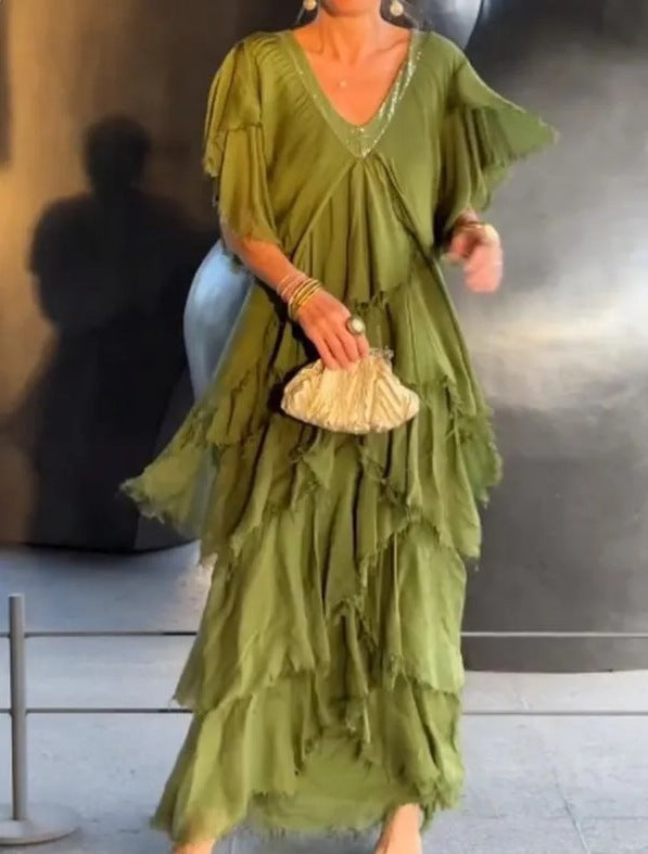 Vestido Floral Largo con Corte Fluido y Escote en V | Elegante y Ligero para Ocasiones Especiales 0