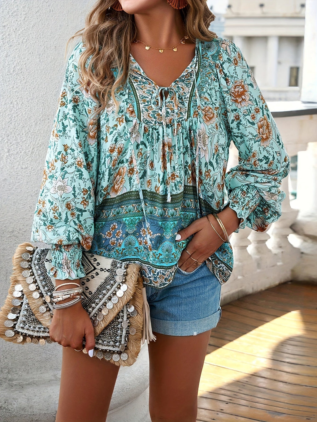 CLARA – Blusa con lazo floral y mangas abullonadas para mujer - Noa Lagos