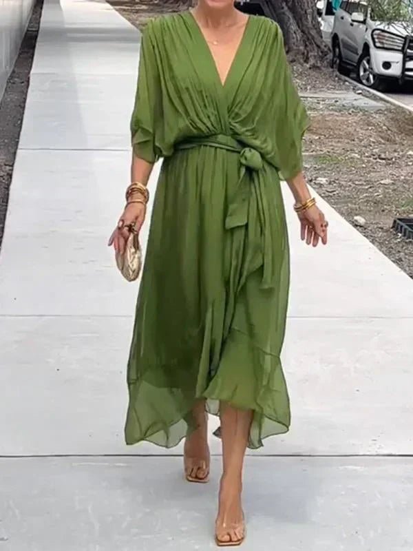 NAELLA | Vestido Midi Elegante para Mujer con Cinturón y Escote en V | Ideal para Eventos Especiales - Noa Lagos