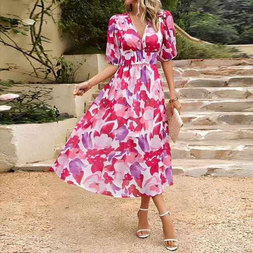 Sofia | Elegante Vestido Midi con Manga Abullonada y Escote en V para Mujer - Noa Lagos