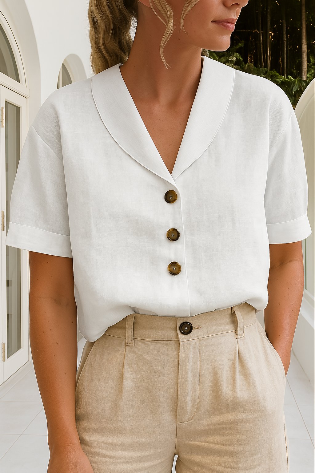 LUCÍA – Blusa de manga corta con cuello camisero para mujer